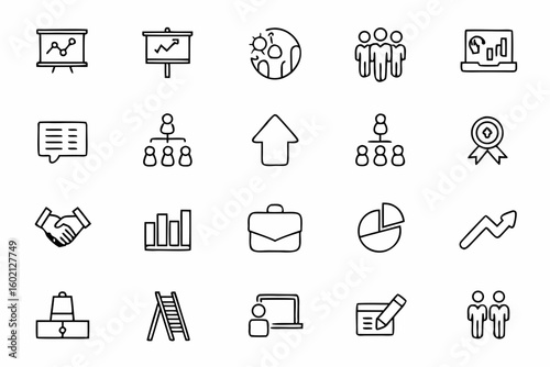 This set includes professional scenarios and key business concepts captured in a graceful one-line style. Ideal for consulting firms, presentations, and editorial graphics