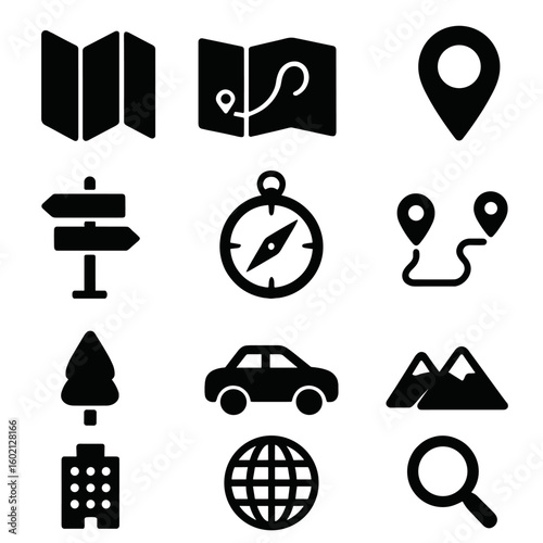 Location magnifying building car globe feature folded vector icon map sign mountain