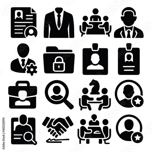 Headhunter meeting executive contract job icons badge check vector icon search skills