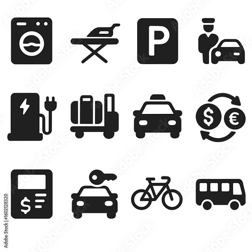Rental hotel laundry exchange shuttle facilities lot vector service icons icon stand