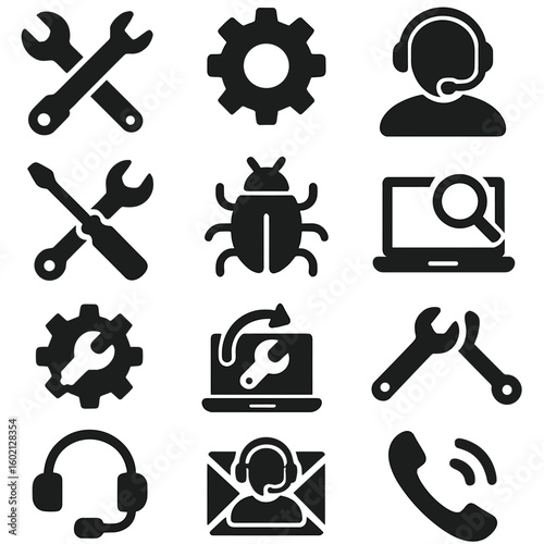 Bug support technical diagnostics icons tools vector software fix gear email icon