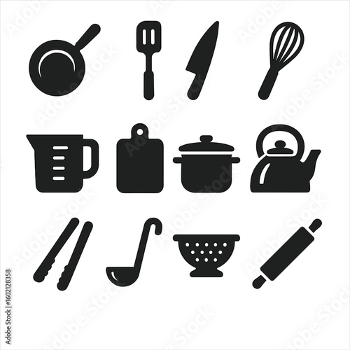 Kettle vector modern icon kitchen utensil whisk board spatula cup colander pan