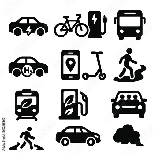 Sustainable icon hydrogen icons bicycle transport rideshare emissions pump vector public fuel
