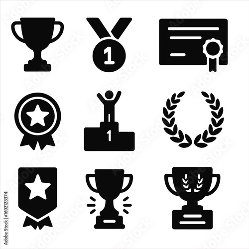 Achievement trophy badge victory vector cup collection icon shining icons wreath plaque