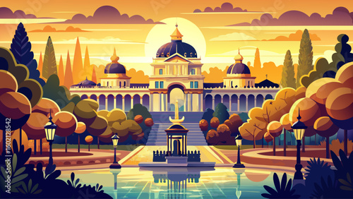 Retiro Park in Madrid glowing under golden sunlight, Palace nearby. Ornamental gardens and sculptures fill the scenic landscape