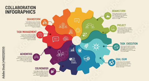 Vector illustration of a business collaboration concept. Infographic template with a colorful four-part gear for productivity.