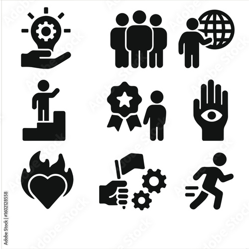 Icon excellence innovation sustainability focus commitment icons accountability passion core leadership vector