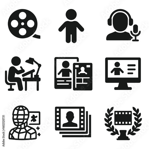 Model icon set festival desk actor reel vector sketch animator animation
