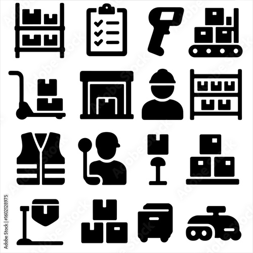 Safety warehouse icons icon jack belt storage robot shelf worker vector transport