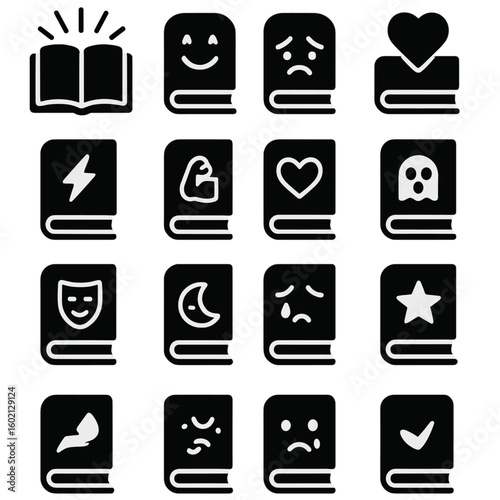 Thrilling tale read vector icon romantic journey emotion icons funny heartwarming book