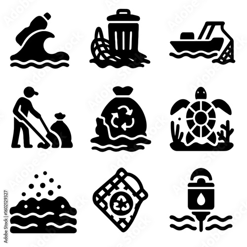 Crew turtle ocean clean reef rescue waste fishing vector icon bin