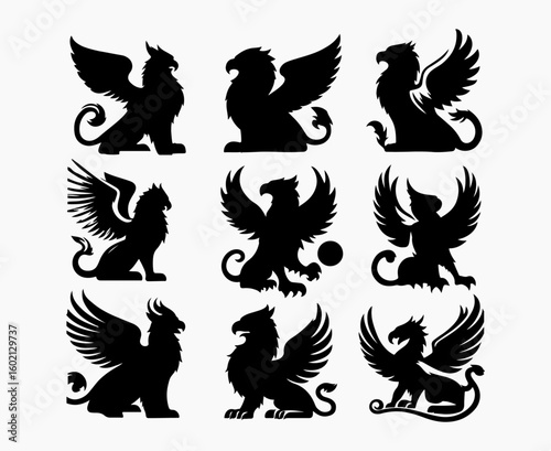  Set of Black Griffin Silhouettes - Various Poses