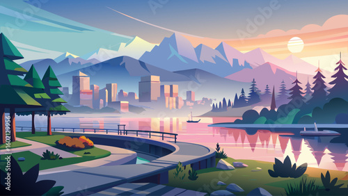 A serene morning in Stanley Park, Vancouver, with mist over the seawall. The mountains peek through the background under soft light