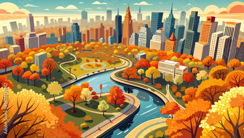 Aerial view of Central Park in New York City during fall, with orange and yellow foliage contrasting the surrounding skyscrapers. Winding paths and ponds add natural serenity to the heart of Manhattan
