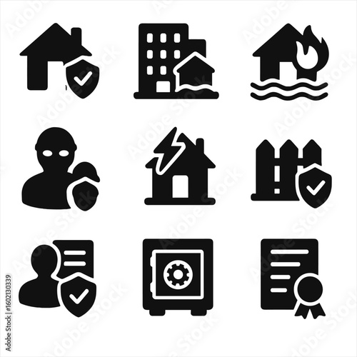 Vector camera icons flood apartment storm fence agreement insurance property homeowner policy