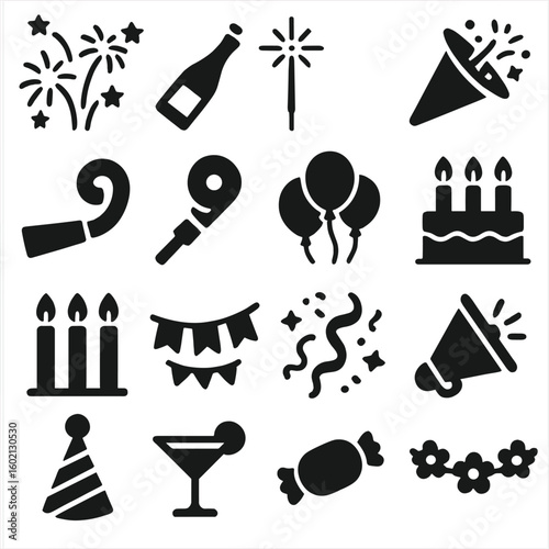 Vector celebration collection candy whistle fanfare cocktail cake horn icon candles