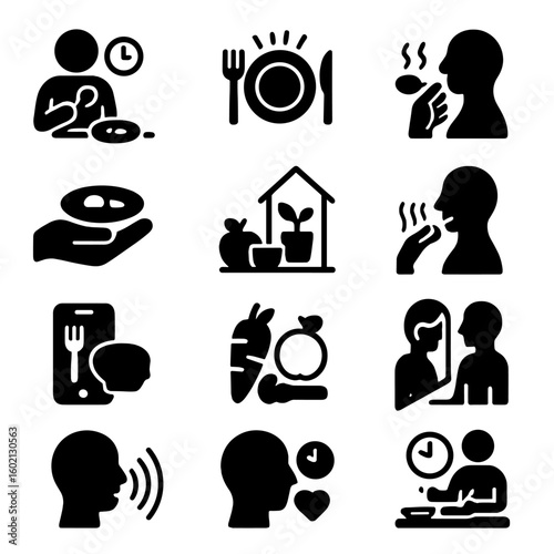 Slowly calm intentional chew gratitude icons mindful eating savoring vector icon signal