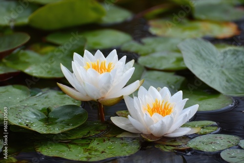 Wallpaper Mural Zoomed in view of two white water lilies surrounded by lily pads Torontodigital.ca