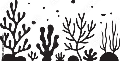 A black-and-white abstract illustration of coral reefs and underwater plants, with scattered bubbles, depicting an oceanic ecosystem.