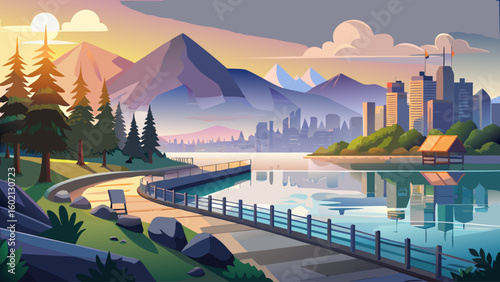 A serene morning in Stanley Park, Vancouver, with mist over the seawall. The mountains peek through the background under soft light