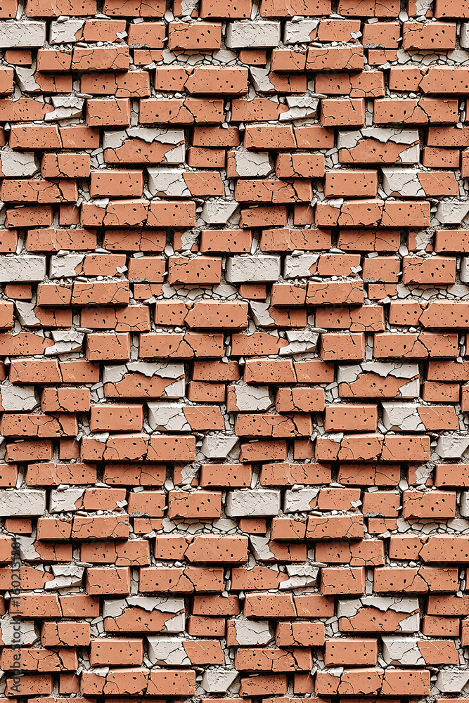 Fototapeta premium Seamless pattern tileable texture of cracked damaged brick wall perfect for post apocalyptic designs game development scrapbooking and other creative projects with deep structural fractures