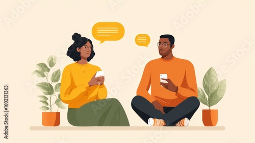 Young couple chatting with smartphones surrounded by plants indoors on beige background. concept of digital communication