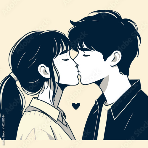 Young couple kissing in a romantic and stylized illustration.  teenager's first kiss. 