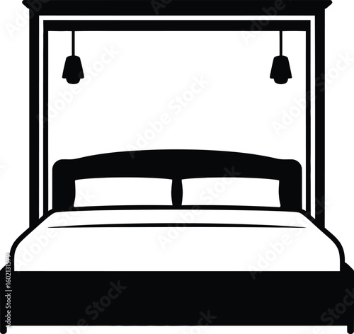 Black silhouette of a bed with lamps white interior