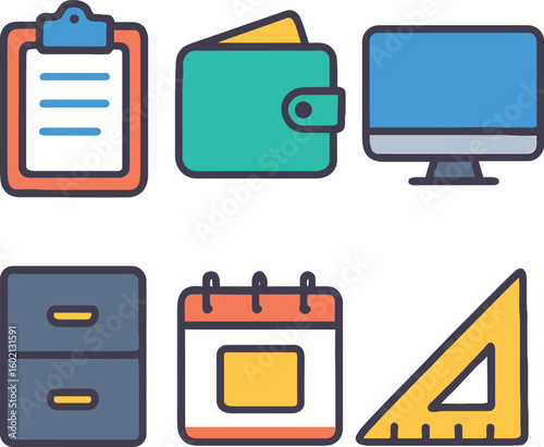 Colorful Office Supplies Icon Set Featuring Clipboard, Wallet, Monitor, Filing Cabinet, Calendar, and Ruler