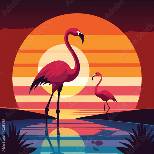 Pink flamingo and heron silhouettes stand against the sunset, a wild tropical nature illustration