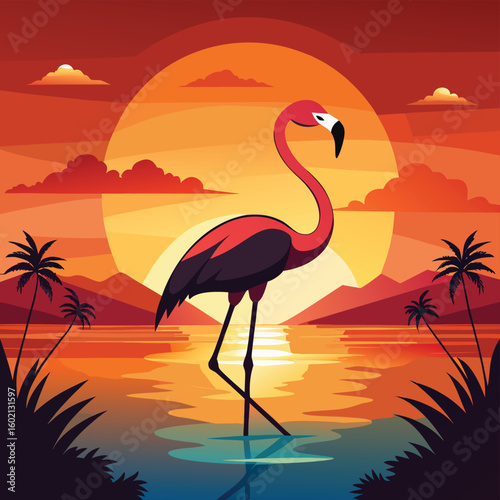 Pink flamingos in silhouette against a beautiful sunset over water, capturing the wild beauty of these tropical birds