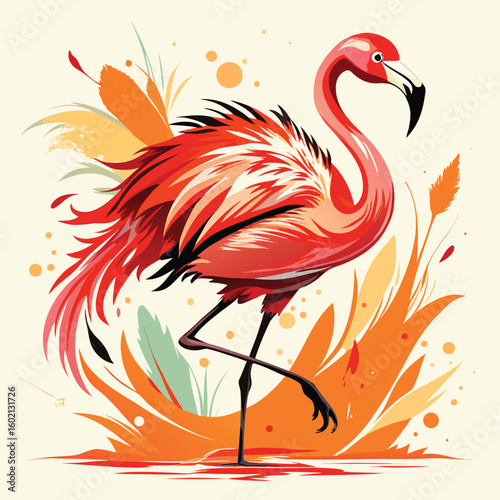 Pink flamingo bird illustrations: wild animal vector silhouettes standing in nature or on water