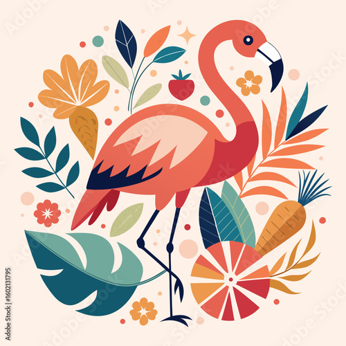 Seamless pink flamingo and bird vector pattern with floral illustration