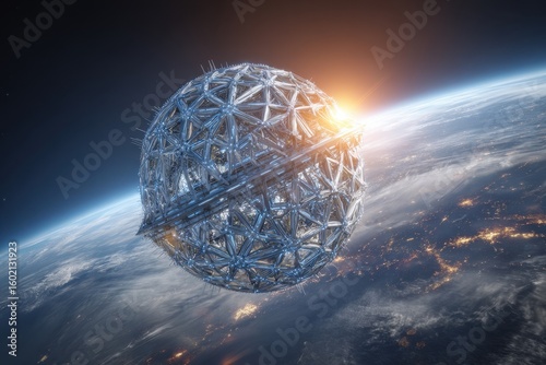Futuristic Space Structure Orbiting Earth with Glowing Sunlight