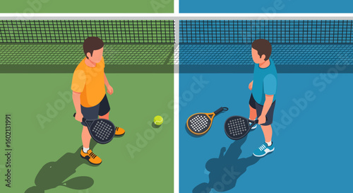 Isometric illustration of two male athletes competing in a padel tennis match on a vibrant two-tone court