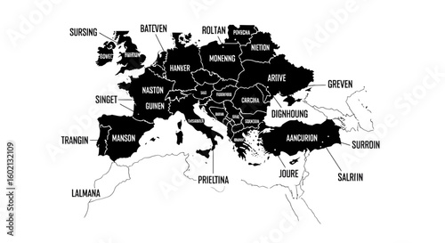 Vector silhouette map of a fictional European continent with invented names, a geopolitical graphic for fantasy world-building and creative storytelling.