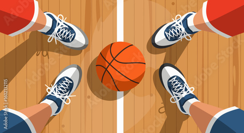 Basketball Game Begins A Court View with Players and the Ball