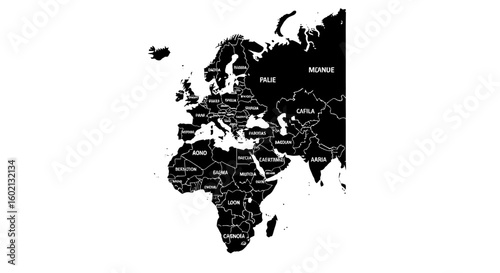 Detailed political map of the EMEA region, Europe, Middle East, and Africa. Black vector graphic with country labels for global concepts.