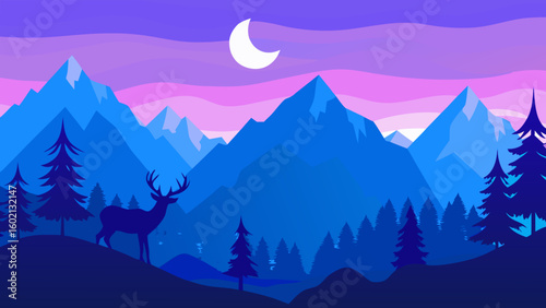 Night Mountain Landscape with Deer, Moon, and Pine Trees - Vector Illustration