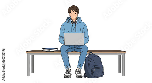 A young male student wearing a hoodie and headphones sits on a bench, focused on his laptop for e-learning or remote work.