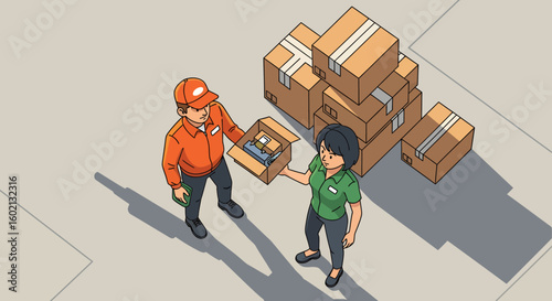 An isometric illustration showing an efficient delivery service, with a courier handing a package to a recipient amidst stacks of boxes.