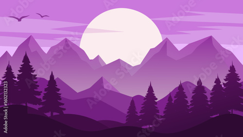 Purple Mountain Landscape with Sunset and Pine Trees - Vector Illustration