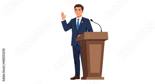 A confident public speaker or male politician in a suit standing at a lectern, delivering a speech or presentation.