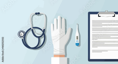 Top-down view of a medical professional's desk with a stethoscope, gloved hand, thermometer, and patient clipboard.