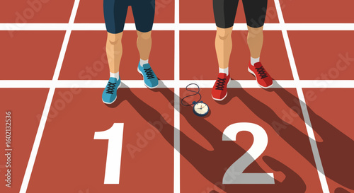 Two runners at the starting line of a race track with a stopwatch, symbolizing athletic rivalry and competition.