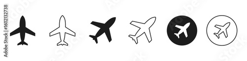 Airplane icon set. Aircraft logo sign, flight transport symbol. Airport, plane, travel, aviation. Vector and png transparent