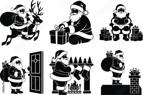 Santa Claus Silhouette Bundle – Festive Santa, Sleigh & Reindeer Vector Illustration. Classic Santa Claus, Vintage Santa Claus, Christmas Santa, Santa with Sack, Sleigh & Holiday Elements.