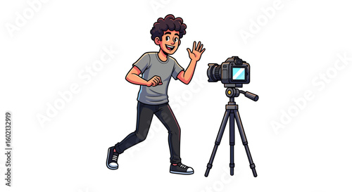 Young male vlogger enthusiastically waving at his camera, a dynamic illustration of a content creator at work.
