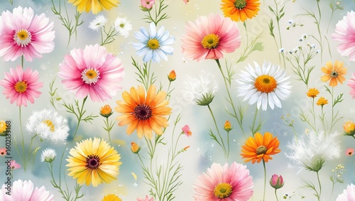 Seamless watercolor pattern of field flowers including cosmos, calendula