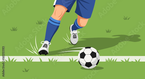 Close-up vector illustration of a football player in blue uniform dribbling a soccer ball on a green grass field.